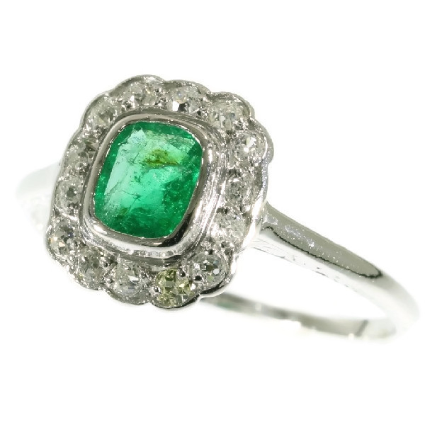 Charming vintage original Art Deco diamond and emerald engagement ring